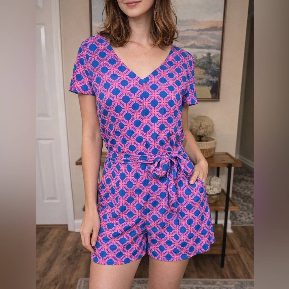 Julie Brown NYC 100% Silk Romper with pockets Geometric Print Size 4